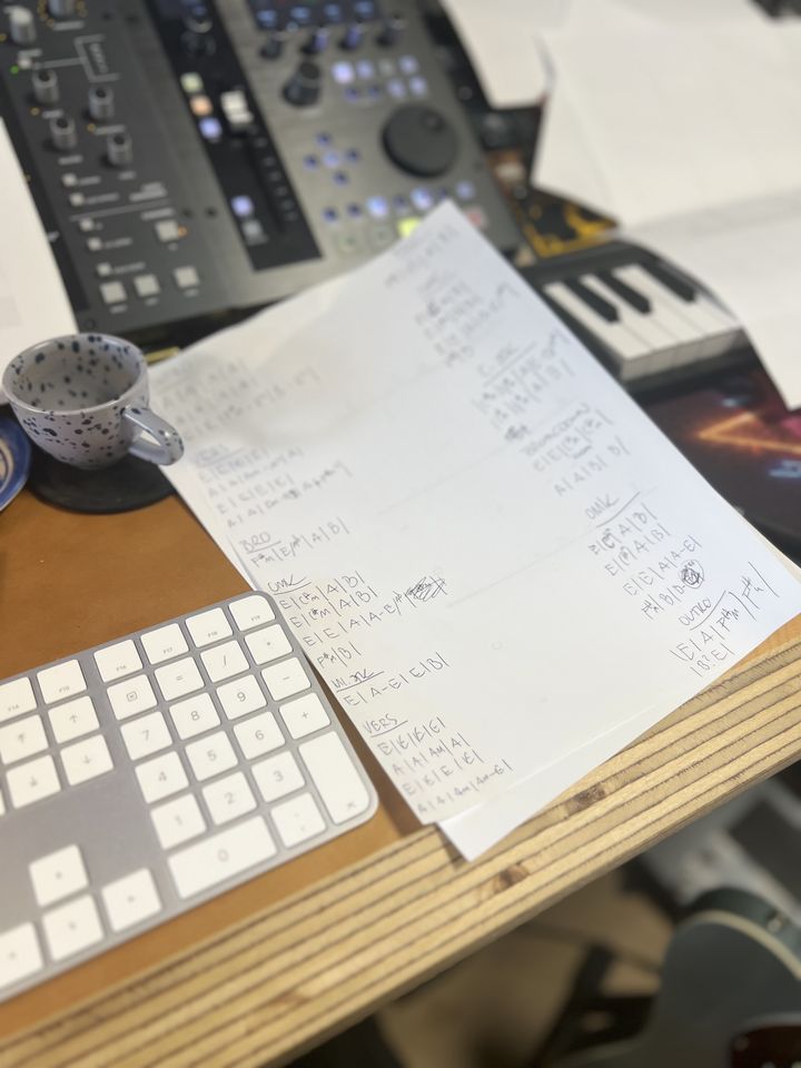 Nodeark og tekstark på et bord ved mixerpulten